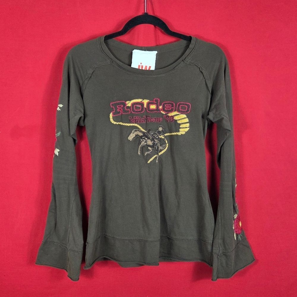 Johnny WAS Y2K Rodeo Embroidered Bell Sleeve Top Brown Womens Size Small Western